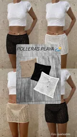 Pollera corta tejida a crochet, con diseño de red y talle ajustable con cordón y botones de madera. Disponible en color beige, negro y blanco.