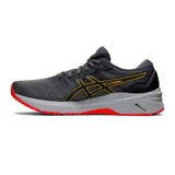 Championes de running Asics GT-1000 11, color gris oscuro y negro con detalles en amarillo y suela roja. Incorpora tecnología FlyteFoam en la entresuela.