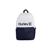 Mochila Hurley de poliéster, con panel superior blanco y panel inferior azul marino. Logo de la marca estampado en el frente.