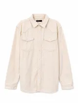 Camisa de pana de manga larga con cuello clásico, cierre frontal con botones y dos bolsillos delanteros con solapa.