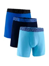 Pack de tres bóxers Under Armour Performance Tech, en tonos azul, azul marino y celeste, con cintura elástica con logo de la marca.