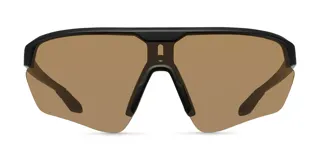 Gafas de sol deportivas con montura negra y lentes marrones reflectantes.