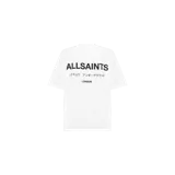 Remera Allsaints de manga corta y corte holgado, color blanco, con pequeño estampado tipográfico en el pecho de la marca.
