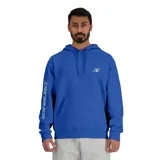 Canguro azul eléctrico con capucha, bolsillo tipo canguro y logo reflectivo de New Balance en el pecho y en la manga izquierda.