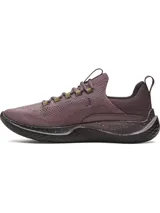Championes de entrenamiento Under Armour Flow Dynamic, color violeta oscuro con detalles en verde neón. Presentan una parte superior de tejido IntelliKnit transpirable, refuerzo lateral de TPU para mayor estabilidad y entresuela Flow de una sola pieza que ofrece amortiguación reactiva y tracción superior sin suela de goma tradicional.