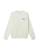 Buzo de cuello redondo Obey, color blanco crema, con estampado pequeño en el pecho con el logo de la marca en color verde.