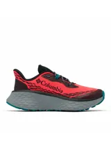 Championes de trekking y trail running Columbia modelo Konos Trillium Atr Omni-Max para mujer, en color coral con suela chunky gris y detalles en negro y verde azulado.