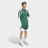 Buzo de entrenamiento Adidas de la selección de Italia, color verde con detalles en blanco y dorado. Presenta cierre frontal parcial, cuello alto y mangas largas con aberturas para pulgares.
