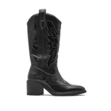 Bota texana de caña alta color negro, con diseño de costuras decorativas en contraste y taco cuadrado de altura media.