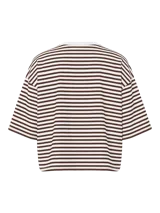 Remera de manga corta con diseño boxy, con estampado de rayas horizontales en color celeste y blanco.