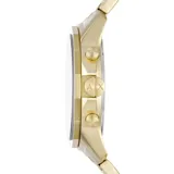Reloj Armani Exchange modelo Banks, con caja y pulsera de acero inoxidable dorado, esfera gris con subesferas de cronógrafo y manecillas doradas. Resistente al agua hasta 5 ATM.