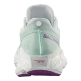 Championes Salomon modelo Aero Glide 3, color verde menta con suela blanca y detalles en violeta. Cuenta con amortiguación de espuma de alta altura y diseño sin costuras en la parte superior.