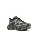 Championes de trekking y senderismo Merrell Speedarc Matis, de color verde militar con detalles en gris, rojo y negro, con sistema de cordones elásticos y suela chunky de diseño ondulado.