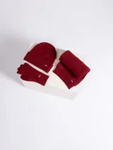 Set de accesorios de invierno color bordó que incluye un gorro tipo beanie con vuelta, un par de guantes tejidos y una bufanda rectangular. Todos los elementos presentan un diseño liso y cuentan con una pequeña placa metálica decorativa.