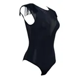 Bodysuit negro de True Romance con inserciones de malla transparente en el escote y flecos decorativos en los hombros.