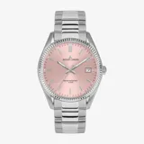 Reloj de pulsera Jacques Lemans modelo Derby para dama, con caja y pulsera de acero inoxidable. Presenta una esfera rosa con indicadores de hora aplicados y ventana de fecha a las 3. El bisel tiene un acabado estriado.
