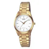 Reloj Casio para mujer, con caja de acero dorada de 28mm, esfera blanca, agujas doradas y cristal mineral. Tiene malla de acero dorada con cierre desplegable.