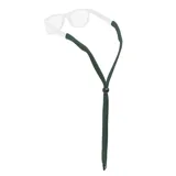Sujeta lentes de algodón color verde oscuro, con terminales ajustables para sujetar a las patillas de los lentes y un cordón que se ajusta al cuello.