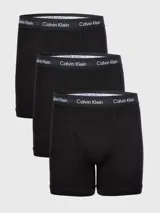 Pack de tres calzoncillos tipo boxer brief de algodón elástico, color negro, con cintura elástica distintiva de la marca Calvin Klein.