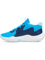 Championes de básquetbol Under Armour Jet 23, con diseño en tonos azules y detalles en azul marino. Presentan una parte superior de materiales mixtos para mayor durabilidad y transpirabilidad, entresuela Micro G® para amortiguación y suela de goma con patrón de tracción anatómico.