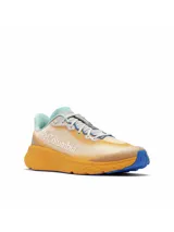 Championes de running Columbia Konos Featherweight Omni-Grip, en color naranja con detalles en azul y celeste, diseñados para trail running y actividades al aire libre con tecnología de amortiguación y suela de alta tracción.