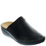 Zuecos de cuero negro con diseño de punta redonda, suela de plataforma baja y costuras decorativas en color contrastante.