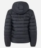 Campera ultra leve Blue Steel, confeccionada en poliamida, con diseño de gajos, capucha, cierre frontal por cremallera, bolsillos laterales con botones y elástico en los puños.