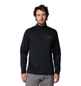 Buzo técnico de manga larga color negro con cierre frontal parcial de un cuarto. Presenta cuello alto, tecnología Omni-Shade para protección solar y Omni-Wick para gestión de la humedad. Incluye un bolsillo con cierre en la manga y detalles reflectantes.