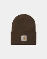 Gorro tipo beanie de punto acrílico, color marrón, con vuelta y etiqueta cuadrada con el logo de Carhartt en el frente.