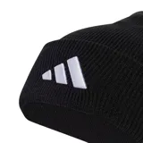 Gorro tipo beanie de tejido acanalado color negro, con vuelta y logo de Adidas bordado en blanco en la parte frontal.
