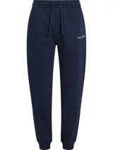 Pantalón tipo jogger de corte regular, color azul marino, con cintura elástica con cordón ajustable, puños elásticos en los tobillos y logo de la marca bordado en la pierna.