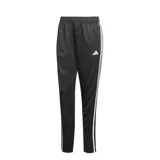Pantalón deportivo Adidas Tiro 25 Essentials de corte ajustado, color negro con las icónicas tres tiras blancas laterales. Cuenta con cintura elástica con cordón de ajuste, bolsillos laterales con cierre y logo de la marca bordado en el frente.