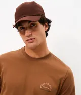 Remera marrón de manga corta con cuello redondo y corte comfort. Presenta una gran estampa en la espalda con diseño de paisaje playero, tablas de surf y tipografía, y estampa en el frente.