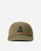 Gorro tipo gorra con visera de marca Rip Curl, color verde militar, con bordado frontal con texto "Search Rip Curl" y diseño abstracto en negro y rojo.