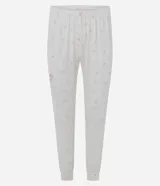 Pijama largo de dos piezas Lov, confeccionado en tejido peach touch con poliéster y elastano. Compuesto por remera de cuello redondo, manga corta con pequeño estampado floral y texto frontal, y pantalón tipo jogger con cintura elastizada y puños en los tobillos, con el mismo diseño estampado.