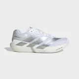 Championes de entrenamiento Adidas Adizero Dropset Pro, color blanco con detalles plateados y suela de plataforma con tecnología Lightstrike Pro.