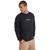 Buzo de cuello redondo Quiksilver, color negro, con diseño de logo bordado en el centro del pecho con detalles en rojo y blanco.