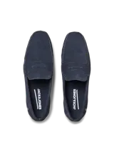 Mocasines azul marino de cuero gamuzado, con punta redonda y forro de lona.