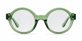 Lentes blueblocker con armazón redondo de acetato en color verde y cristales transparentes.