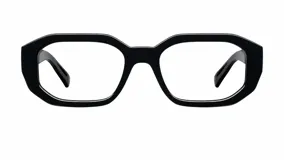 Armazón de receta con diseño geométrico y estructura robusta en color negro brillante.