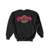 Buzo de cuello redondo y manga larga, confeccionado en algodón color negro. Presenta un diseño gráfico pequeño en el pecho con forma de rombo en tonos rosa y verde.