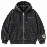 Campera con capucha y cierre frontal Eseele, modelo Eseele Club Stone, con acabado stonewash de efecto desgastado en color gris carbón, bolsillos delanteros y logo ovalado retro en la espalda.