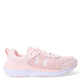 Championes de running Under Armour modelo Charged Assert 10, color negro con detalles en blanco. Presentan parte superior de malla transpirable con refuerzos sintéticos, tecnología de amortiguación Charged Cushioning en la entresuela y suela de goma resistente para mayor tracción.