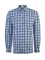 Camisa de manga larga RKF modelo Lighter, confeccionada en algodón orgánico con diseño de cuadros en tonos azules, blancos y verdes. Presenta cuello camisero, cierre frontal con botones, un bolsillo en el pecho con el logo bordado de la marca y puños abotonados.