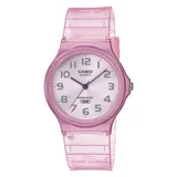 Reloj analógico Casio con caja y correa de resina rosa translúcida. Esfera rosa con números arábigos en negro y manecillas negras. Indica resistencia al agua (WR).