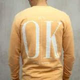 Buzo color naranja con estampa frontal de la frase "It's OK, don't worry" en color blanco.