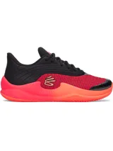 Championes de básquetbol Under Armour Curry Splash 26, con diseño bicolor en negro y rojo vibrante. Presentan capellada de tejido transpirable con refuerzos de TPU, cuello acolchado para mayor soporte y suela de goma resistente con tecnología de amortiguación reactiva UA HOVR.