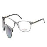 Lentes de receta con armazón de acetato transparente en tono grisáceo, con sistema de clip-on magnético para convertir en lentes de sol. Presentan detalles metálicos dorados en las patillas y logo de la marca en el cristal.