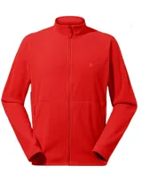 Campera roja de polar con cierre frontal y cuello alto.