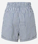 Short tipo runner de jean de algodón, con diseño de rayas verticales en azul y blanco, cintura elástica con cordón de ajuste, bolsillos laterales y dobladillo en la terminación.